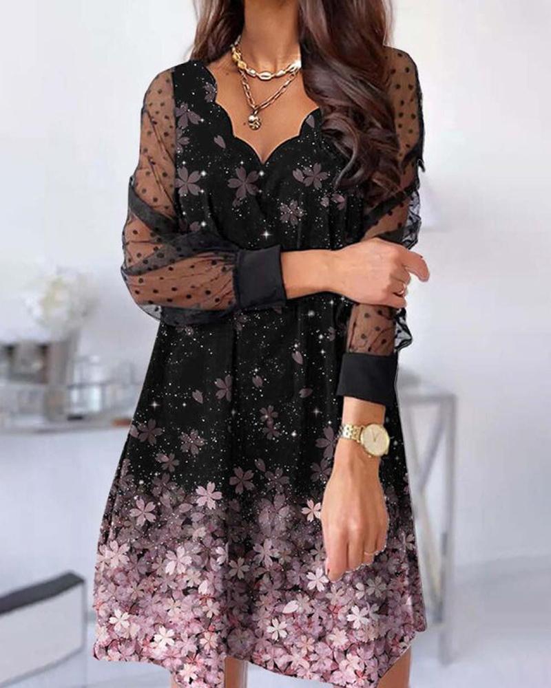 

Floral Print Contrast Lace Long Sleeve Casual Dress, Black