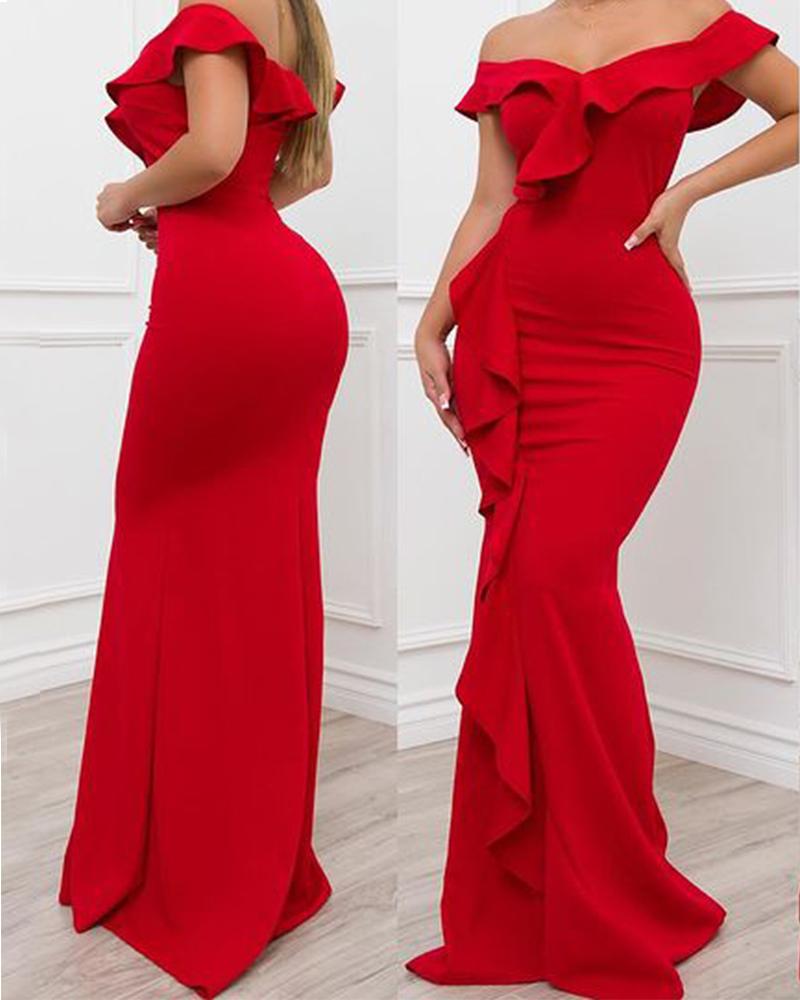 

Off Shoulder Ruffles Skinny Mermaid Dress, Red