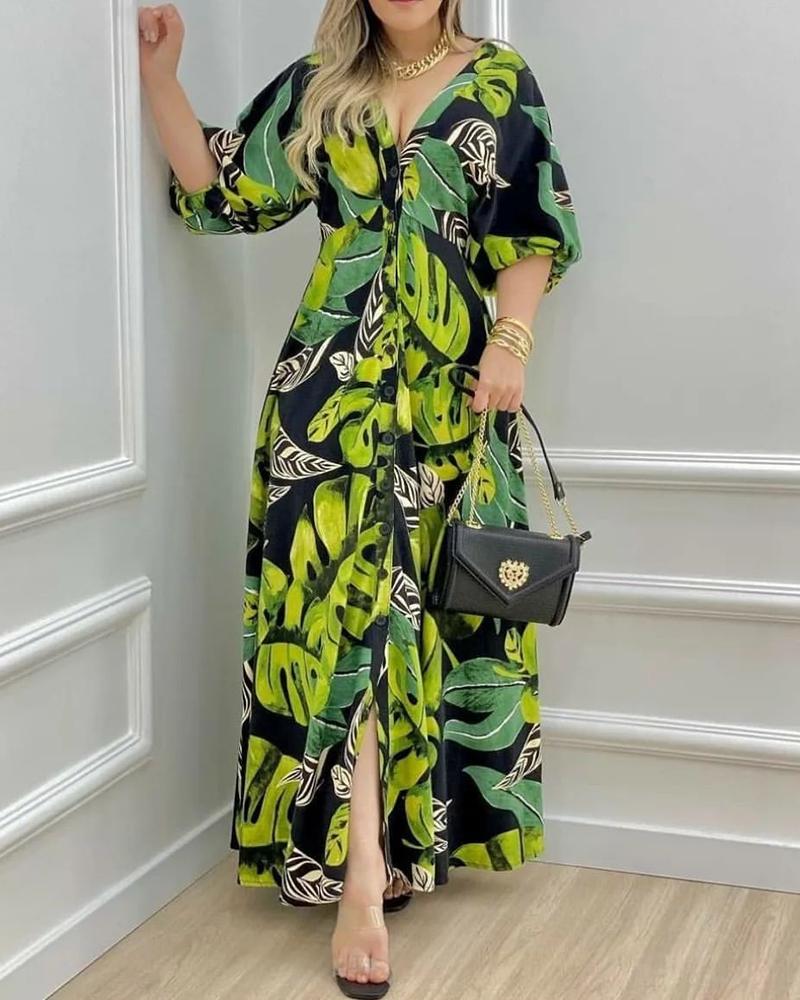 

Palm Leaf Print Lantern Sleeve Maxi Dress, Green