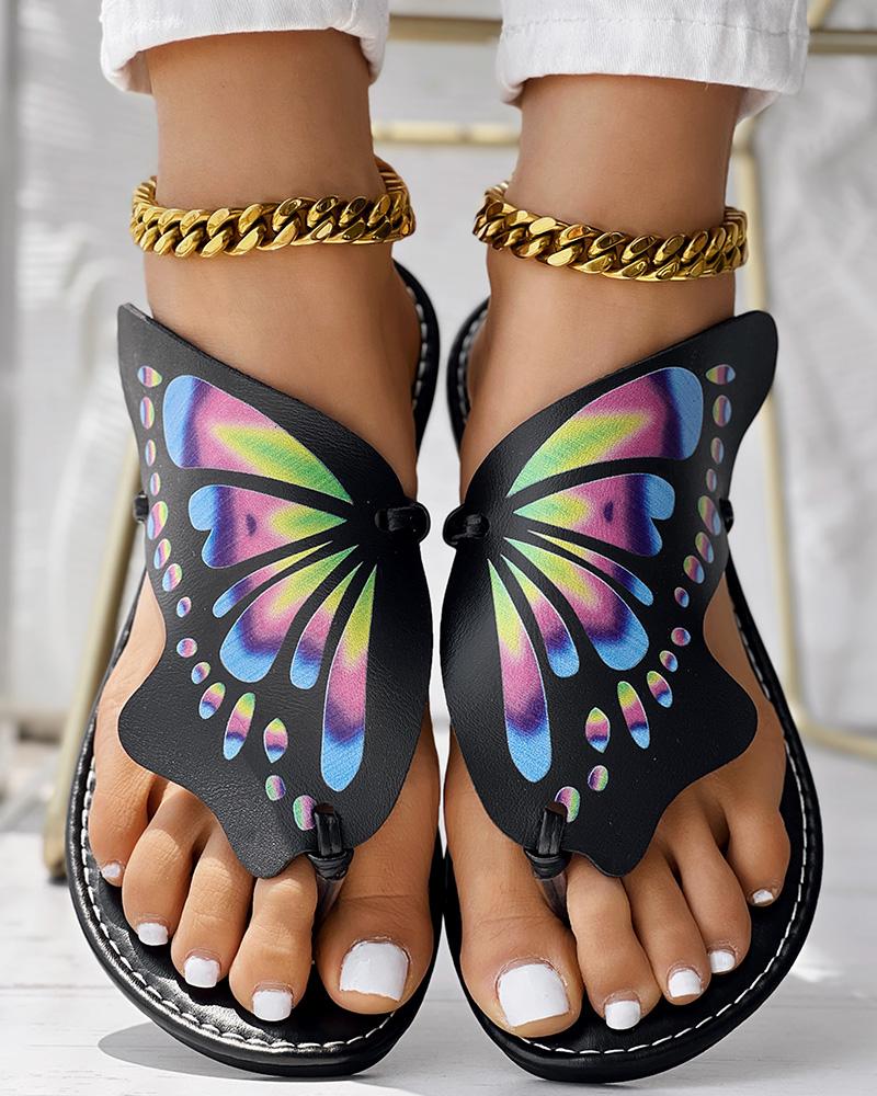 

Colorblock Butterfly Print Toe Post Slippers, Black