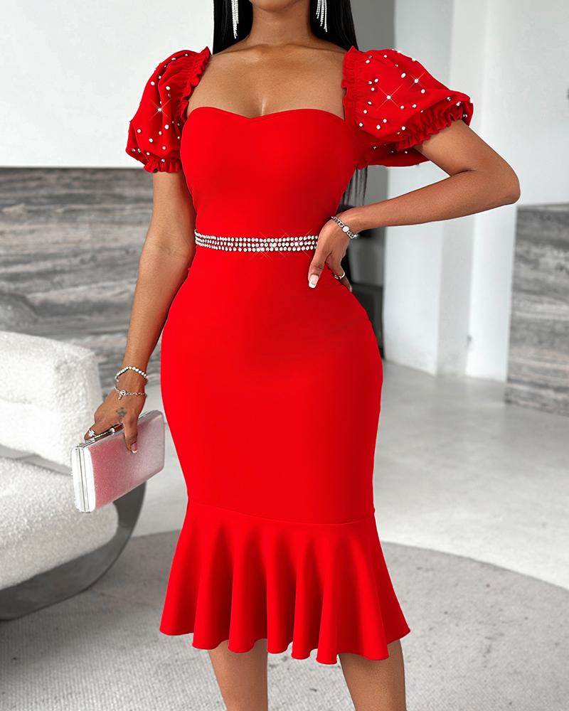 

Square Neck Puff Sleeve Bodycon Beaded Fishtail Design Mini Dress Party Dress, Red