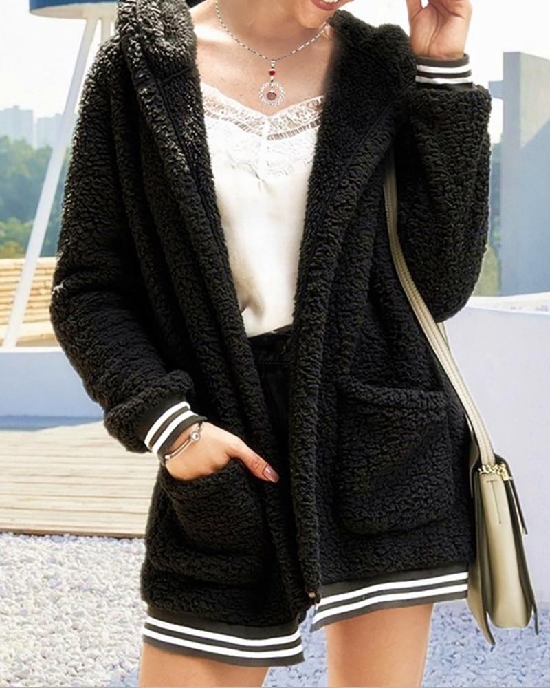 

Pocket Design Striped Hooded Teddy Coat, Black