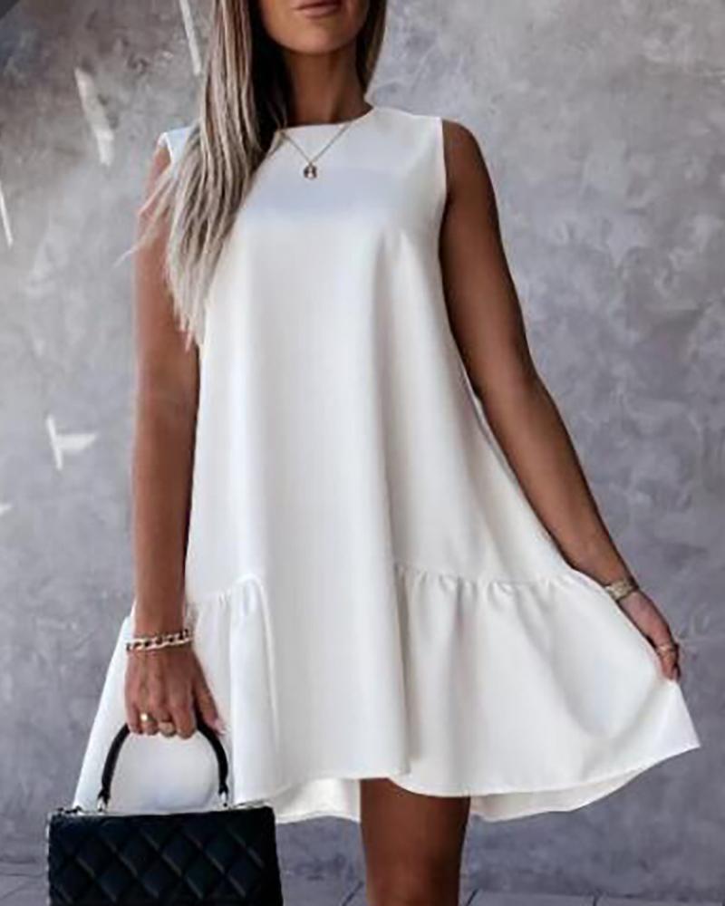 

O-neck Sleeveless Ruched Casual Dress, White