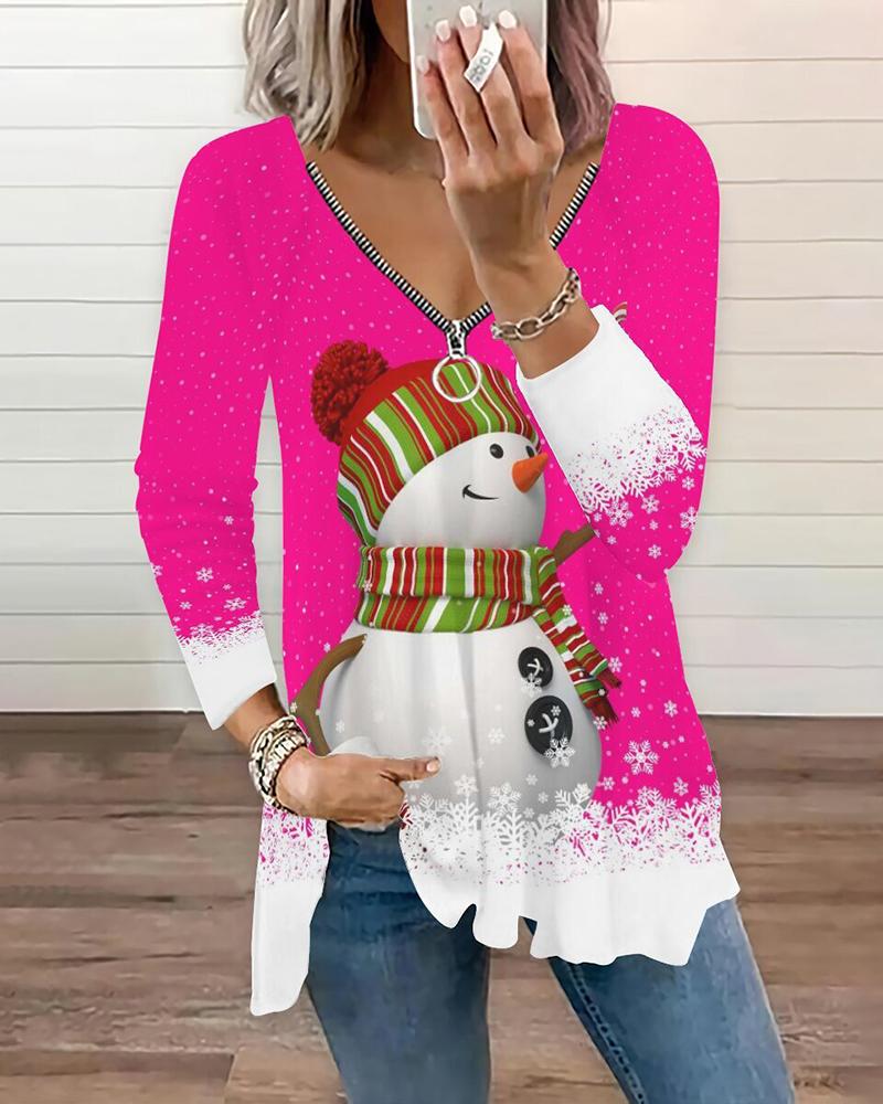 

Christmas Snowman Print Zipper Design Top, Hot pink