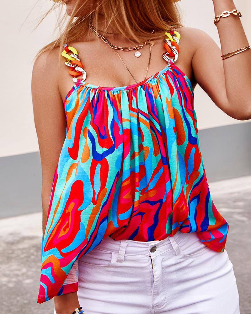 

Multi-Color Abstract Print Chain Decor Flowy Cami Top, Multicolor