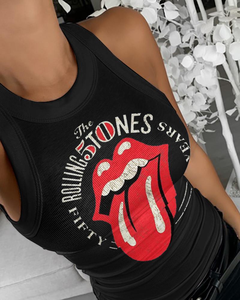 

Lip Letter Print Ribbed Tank Top, Black