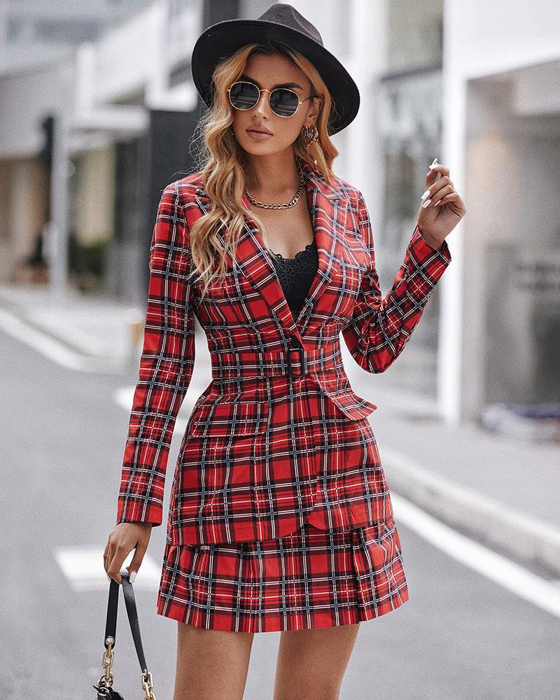 

Plaid Print Long Sleeve Blazer Coat With Belt & Pleated Skirt Set, Red