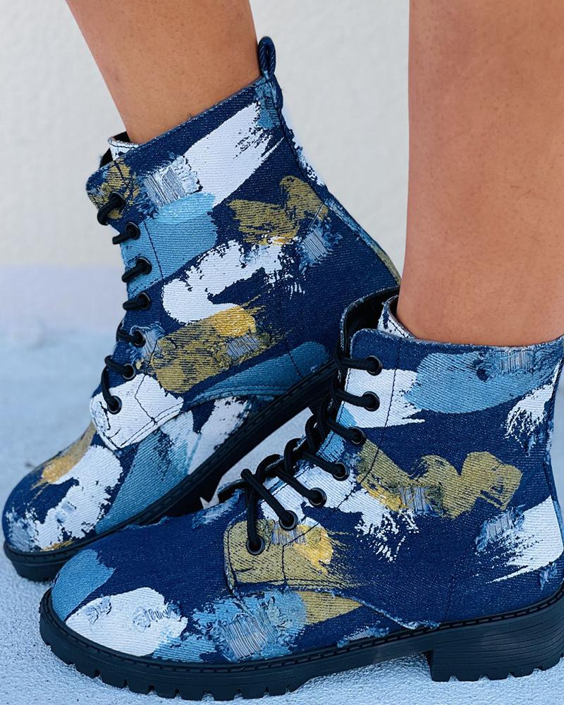 

Colorblock Eyelet Lace-up Front Combat Boots, Dark blue