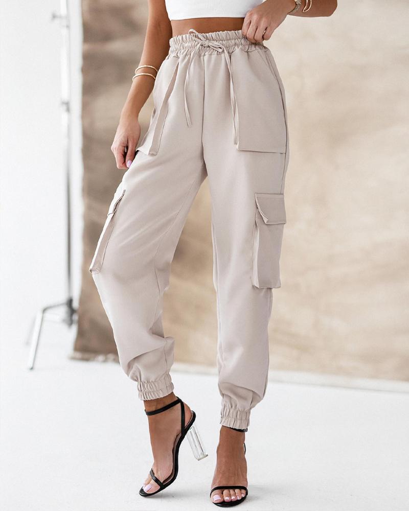 

Drawstring Pocket Design Cargo Pants, Apricot