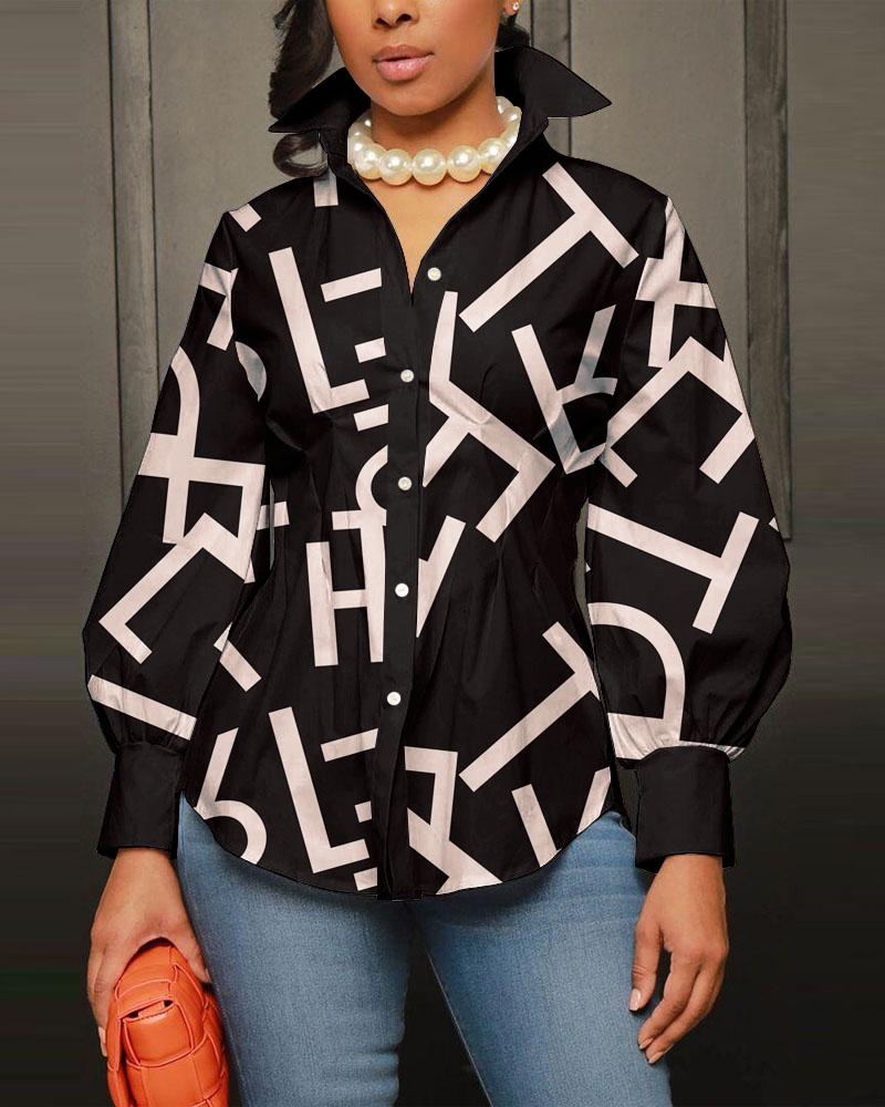 

Letter Print Lantern Sleeve Button Down Shirt, Black