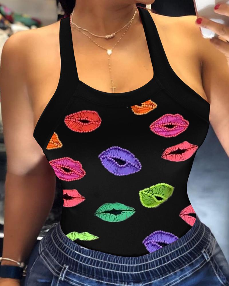 

Lip Print Halter Sleeveless Top, Black