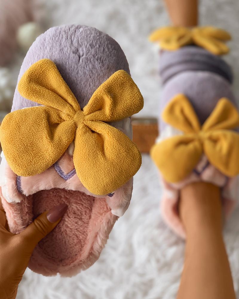 

Fluffy Bowknot Decor Casual Slipper, Yellow&purple