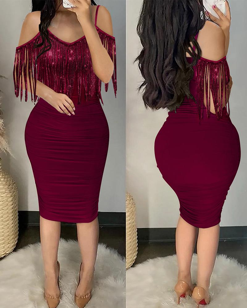 

Sequin Fringe Hem Cold Shoulder Party Dress, Wine red