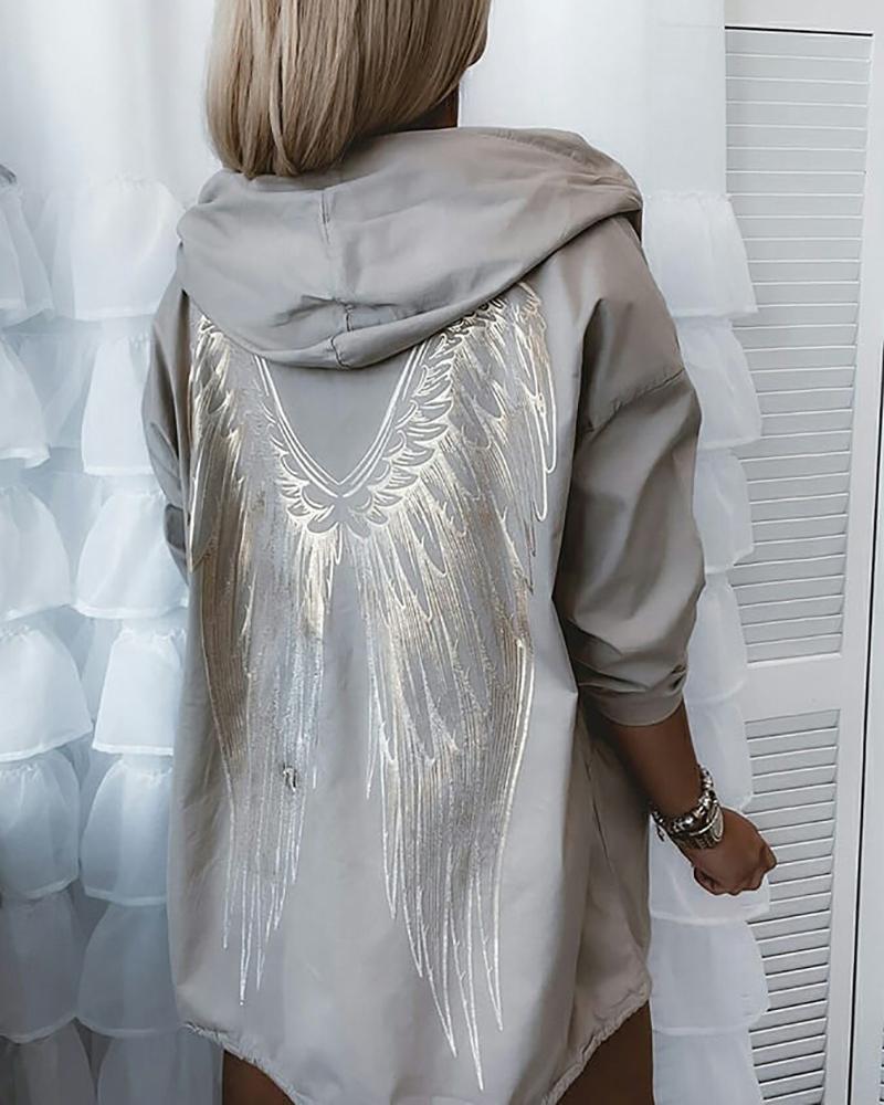 

RECYCLED Wing Print Long Sleeve Hooded Sweatshirt, Gray