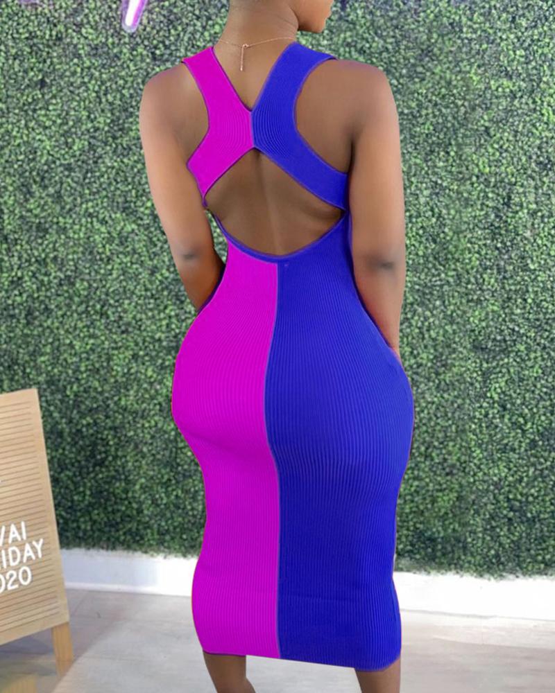 

Colorblock U-Neck Sleeveless Cutout Rib-knit Bodycon Dress, Dark blue