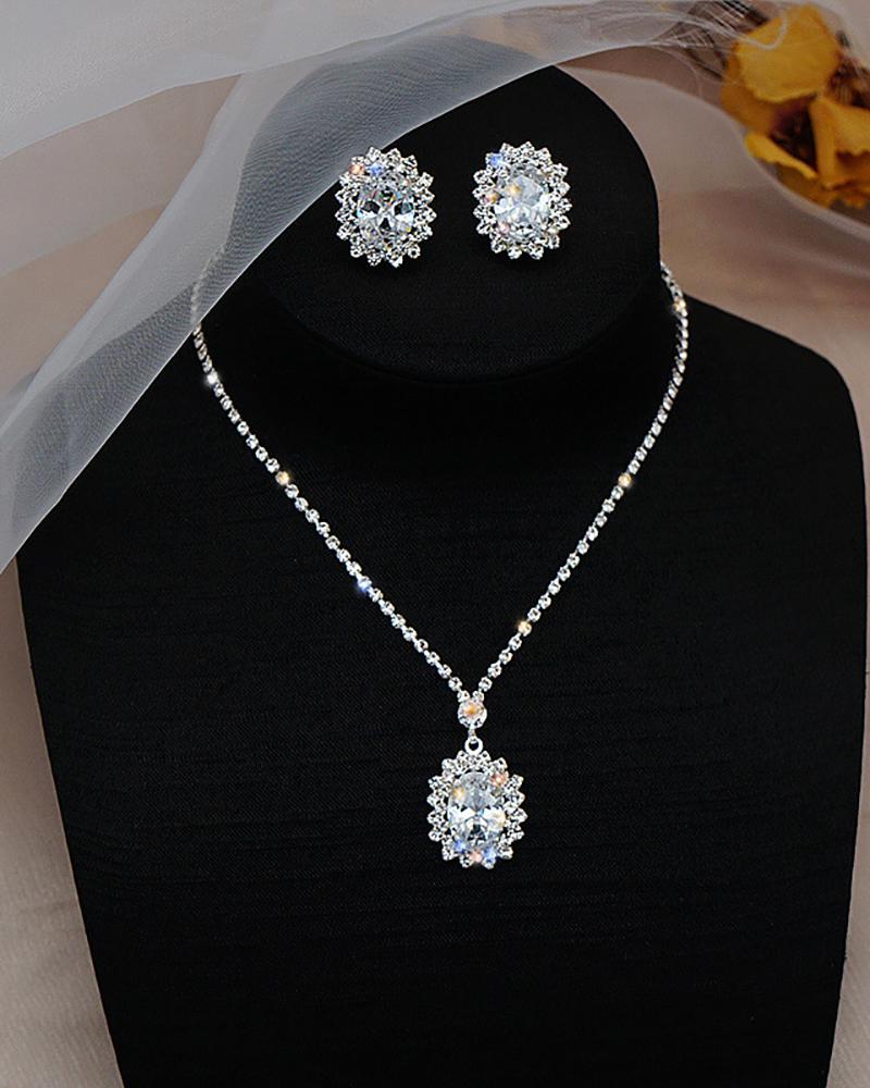 

Zircon Decor Earrings & Pendant Necklace Jewelry Set, Silver