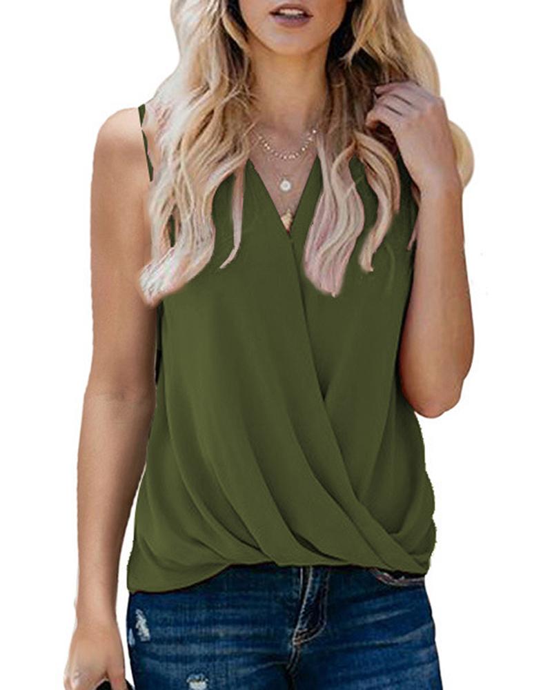 

Plain Ruched V-Neck Tank Top, Green