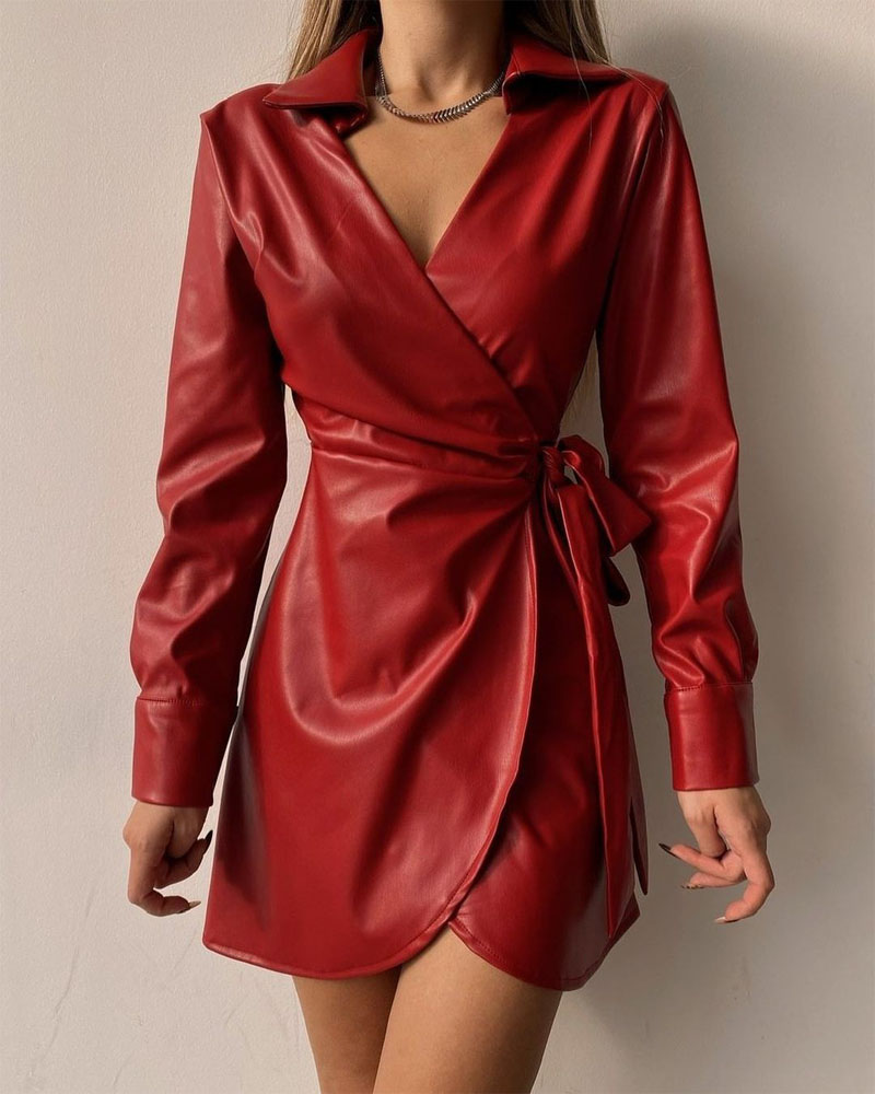 

Long Sleeve Wrap Tie Side PU Leather Shirt Dress, Red