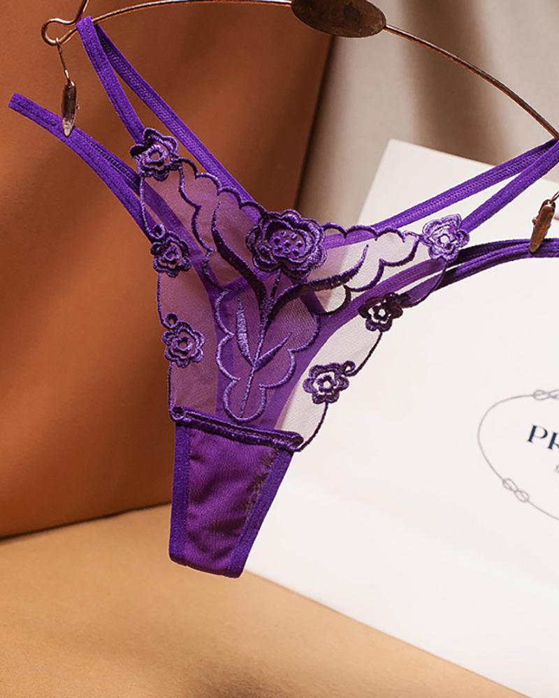 

Sheer Mesh Floral Pattern Lace Thong, Purple