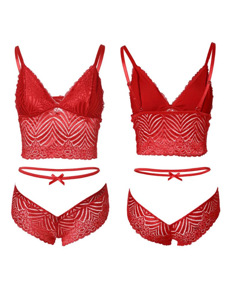 

Contrast Paneled Bowknot Decor Lace Lingerie Set, Red
