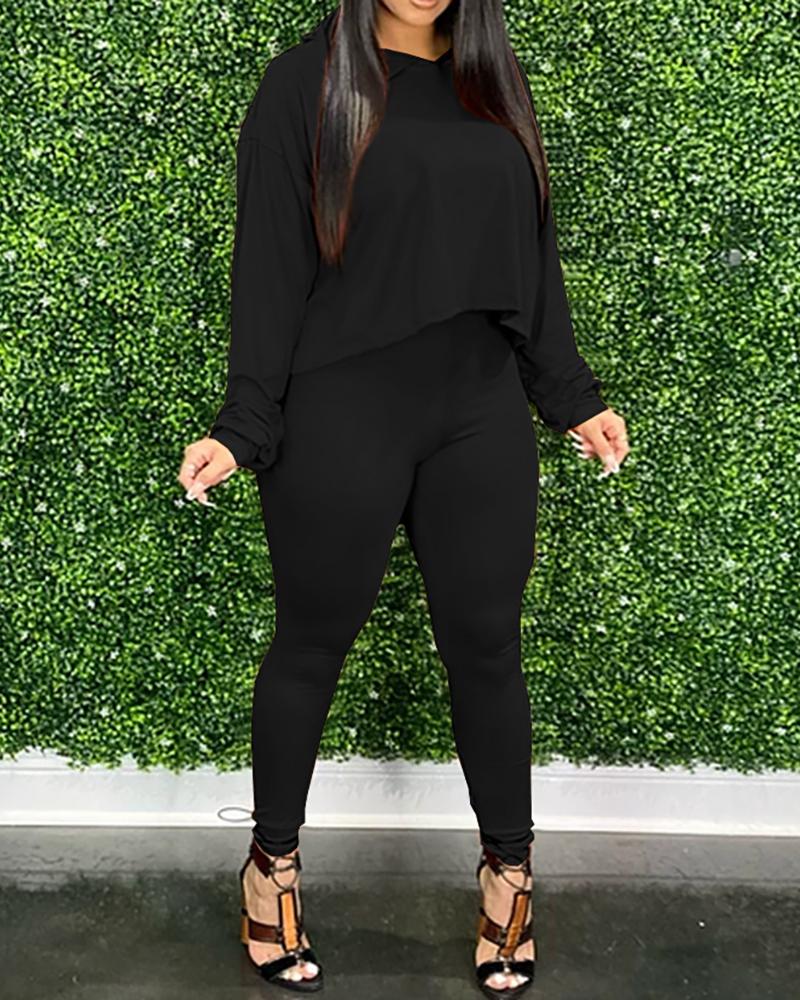 

Long Sleeve Hooded Top & Pants Set, Black