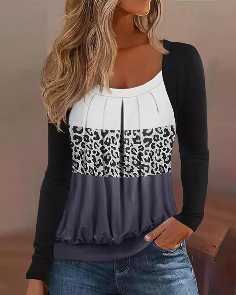 

Leopard Print Colorblock Ruched Top, Black