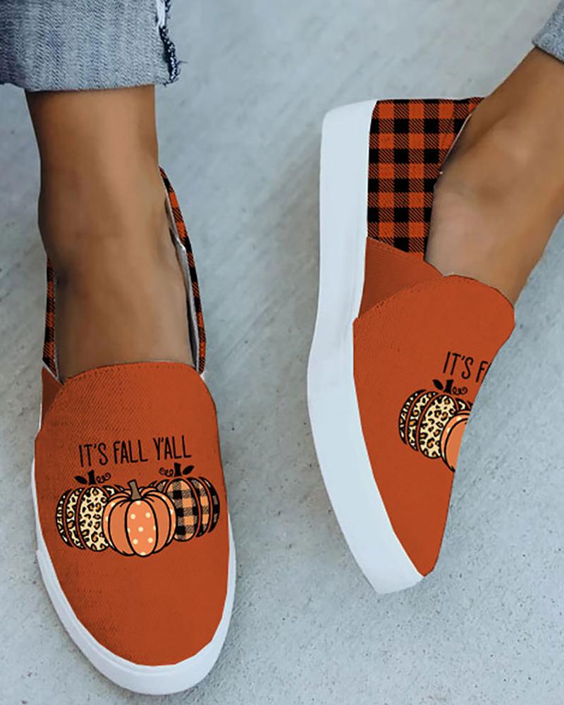 

Halloween Pumpkin Letter Plaid Print Slip On Sneakers, Orange