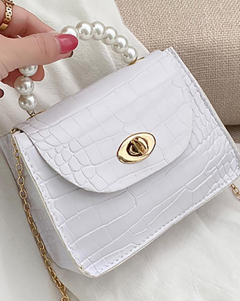 

Croc Embossed Twist Lock Beaded Mini Satchel Bag, White