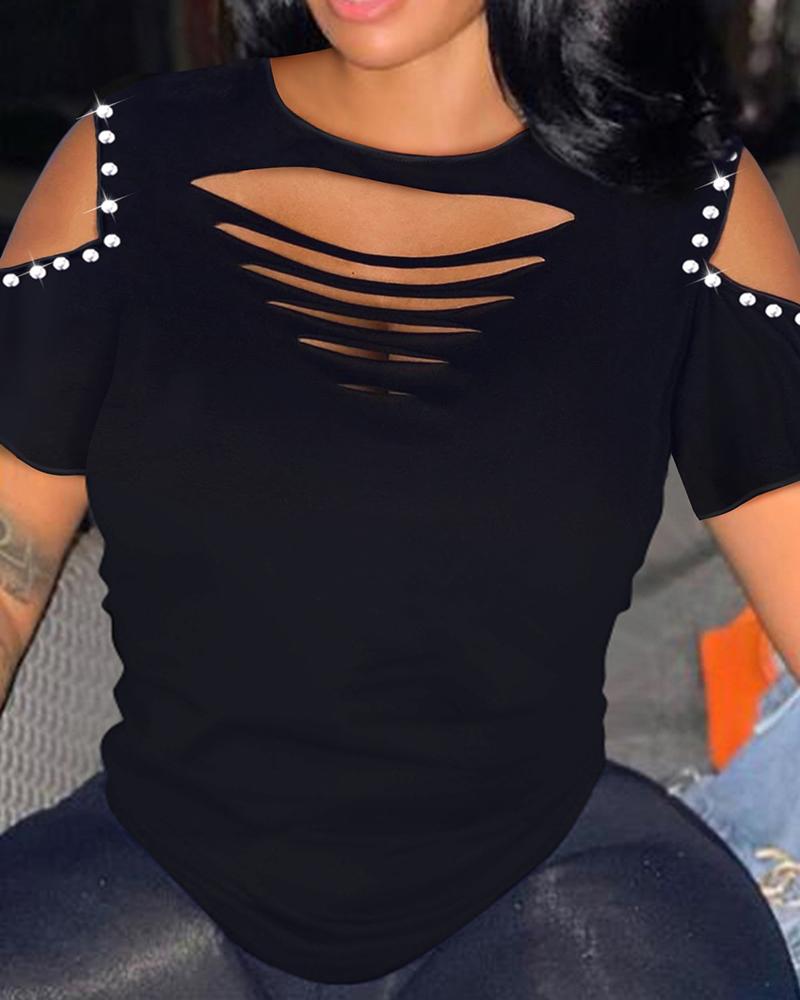 

Rhinestone Cutout Cold Shoulder T-shirt, Black