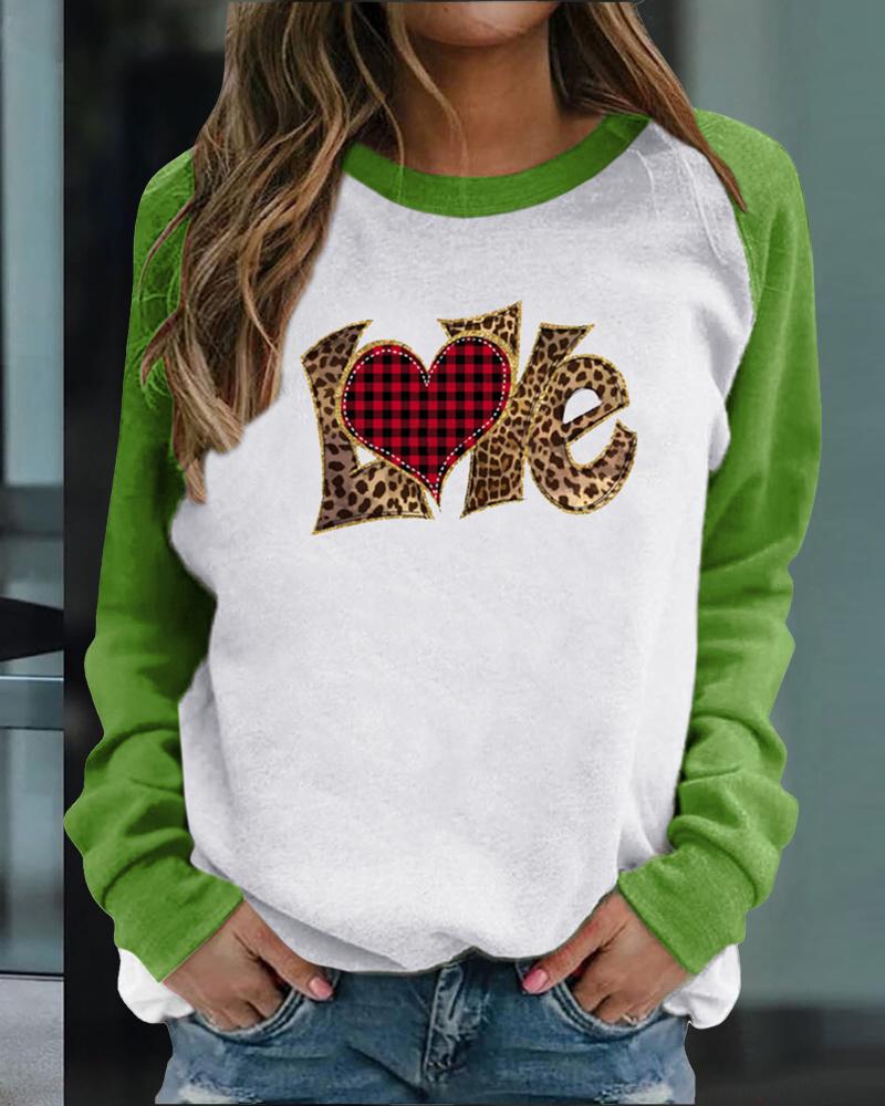 

Valentine' Day Love Heart Print Raglan Sleeve Sweatshirt, Green