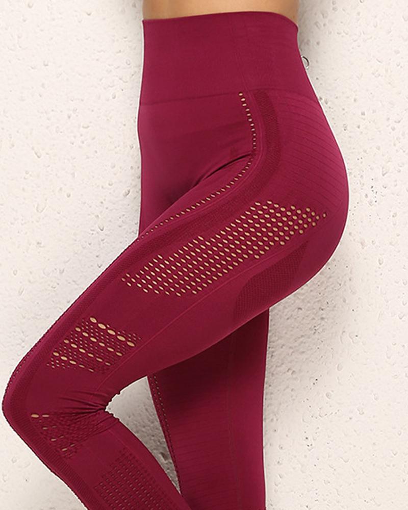

Hollow Out High Waist Butt Lifting Sports Yoga Pants, Wine red