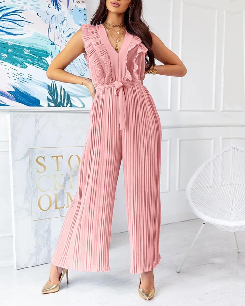 

Ruffle Hem Belted Pleated Wide Leg Jumpsuit, Pink