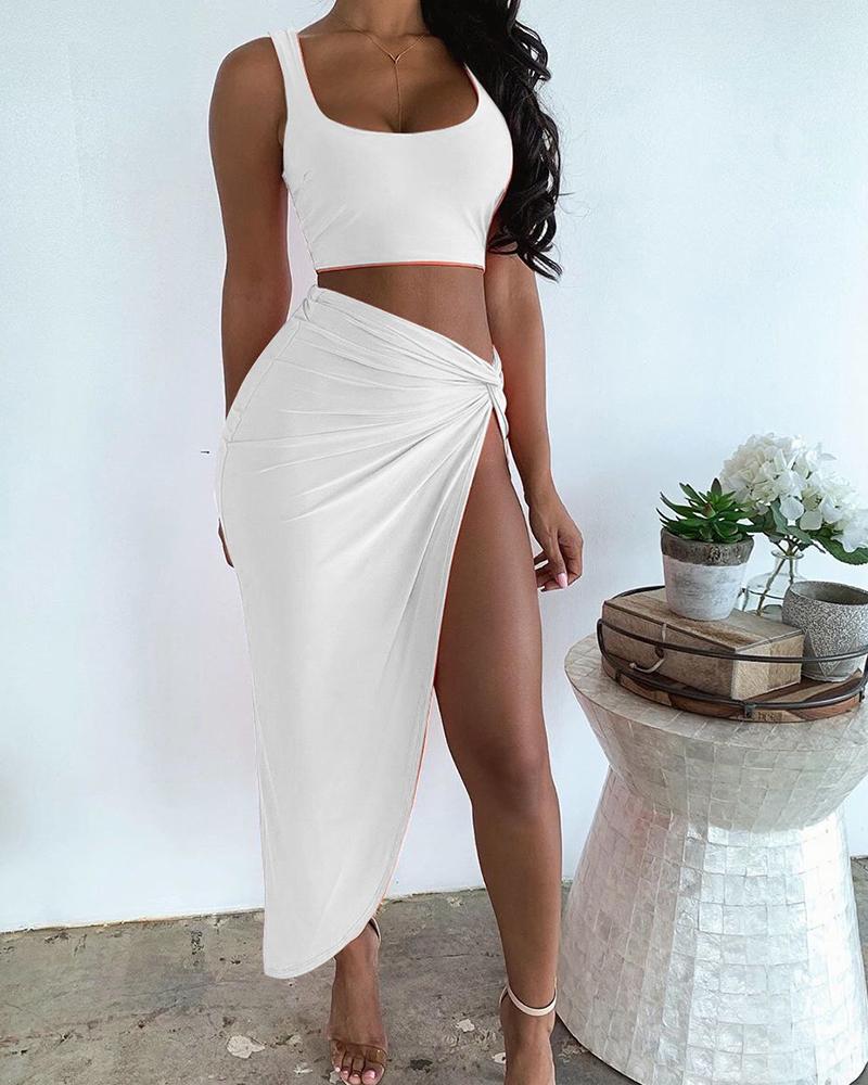 

Plain Sleeveless Crop Top & High Slit Twisted Skirt Set, White