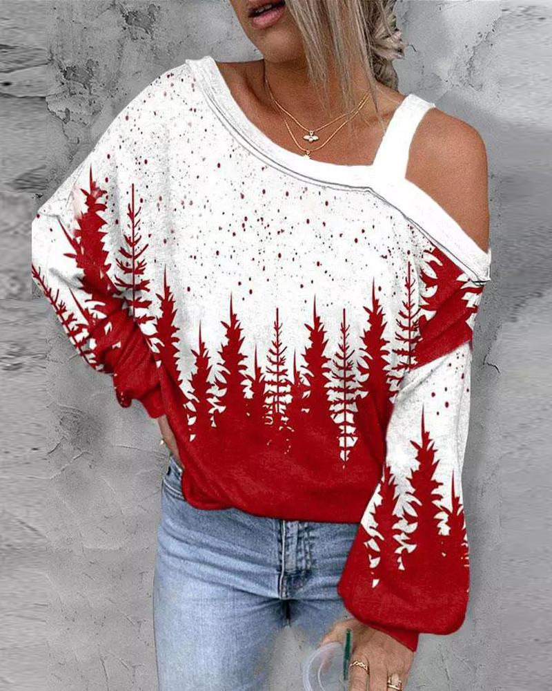 

Christmas Tree Print Cold Shoulder Top, White