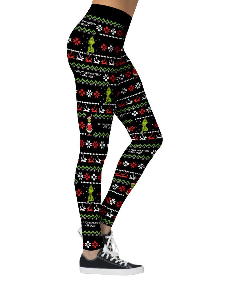 

Christmas Fair Isle Pattern Print Leggings, Black