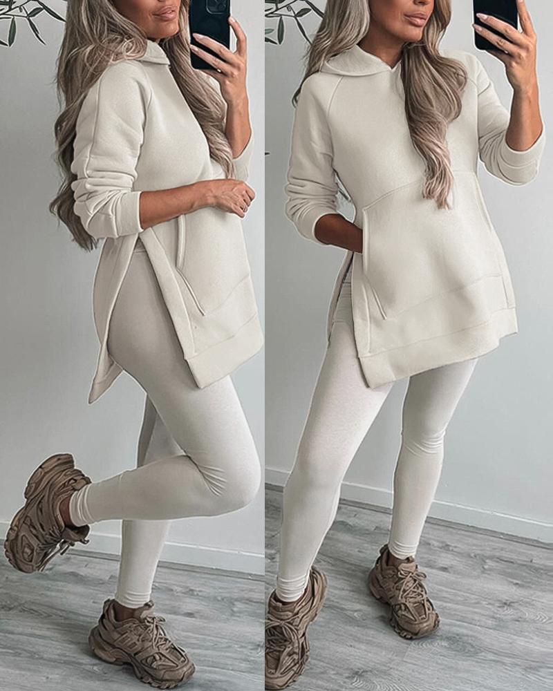 

2PCS Side Slit Kangaroo Pocket Design Hoodie & Skinny Leggings Pants Set, Apricot