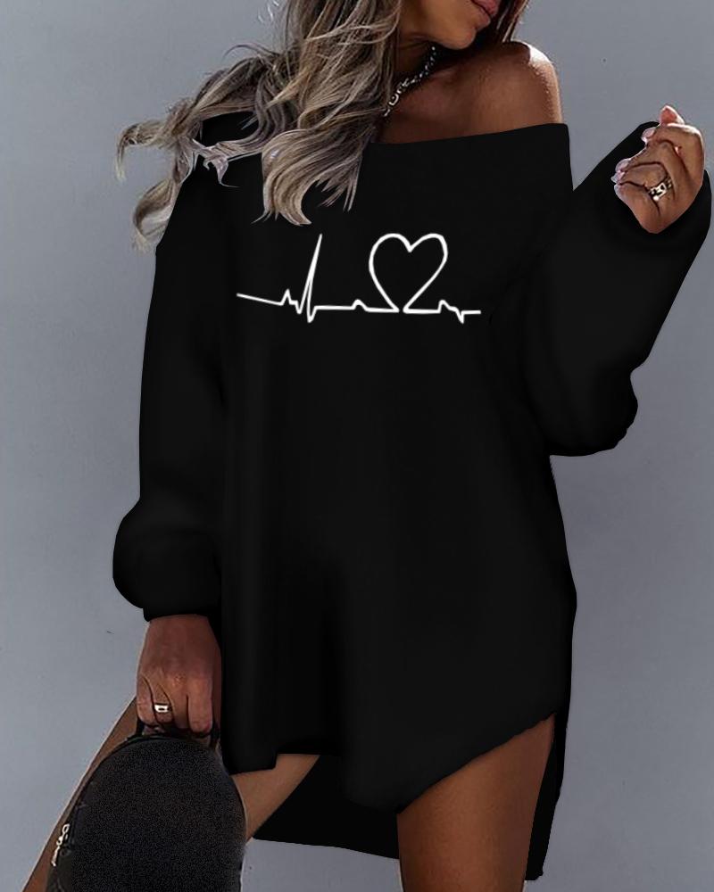 

Heart Print Long Sleeve Casual Dress, Black