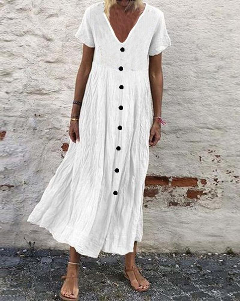 

Button Front V-Neck Casual Dress, White