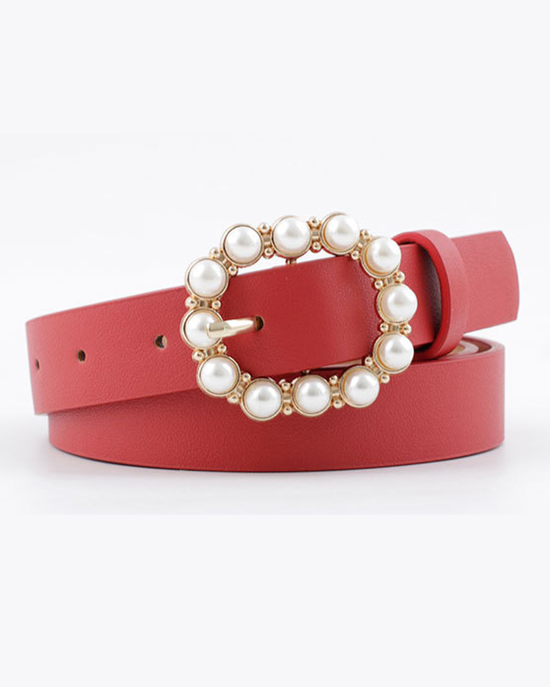 

1pc Faux Pearl Decor Buckle Belt, Red