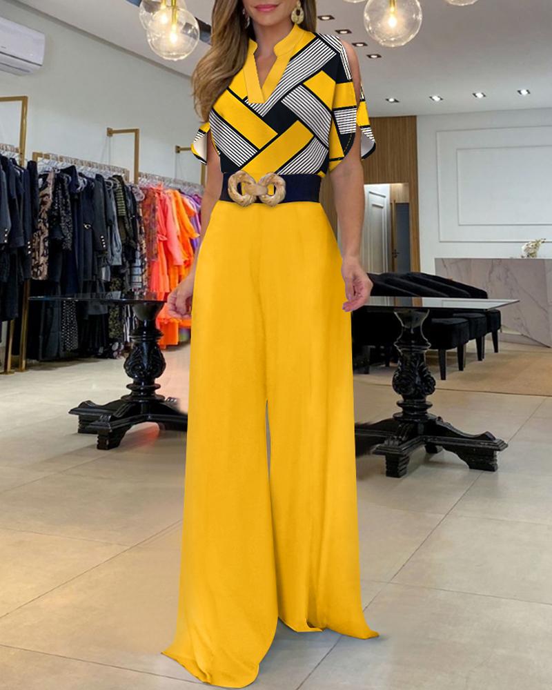 

Striped Colorblock Split Sleeve Jumpsuit, Yellow