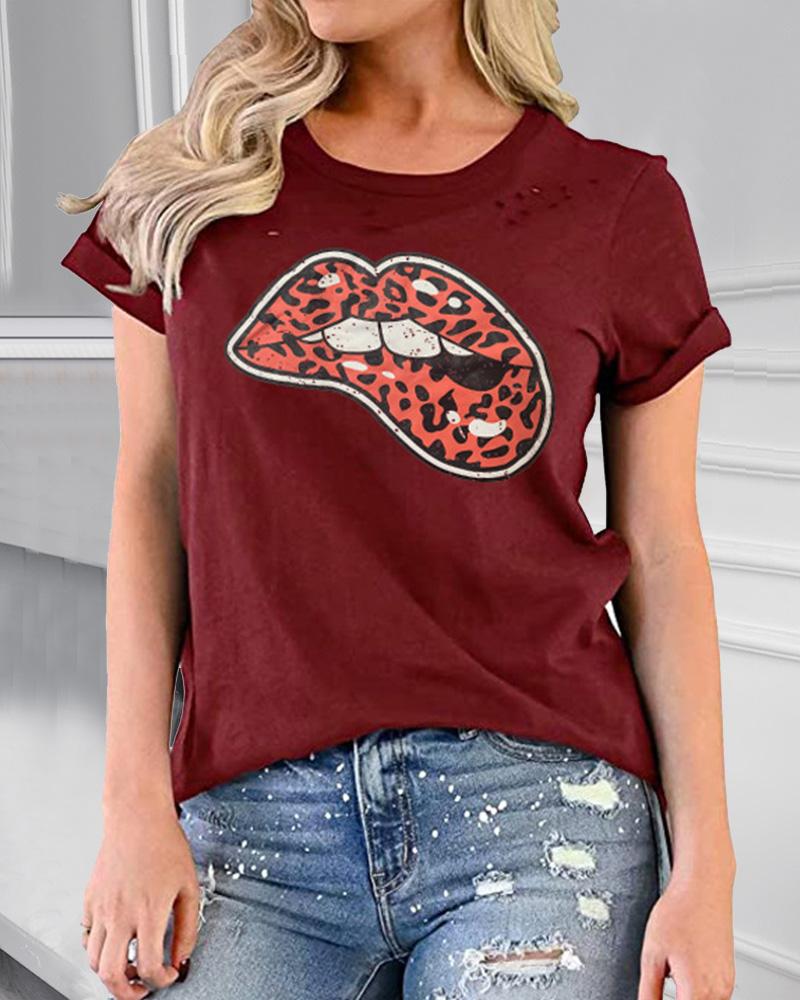 

Leopard Lip Print Short Sleeve T-shirt, Style4