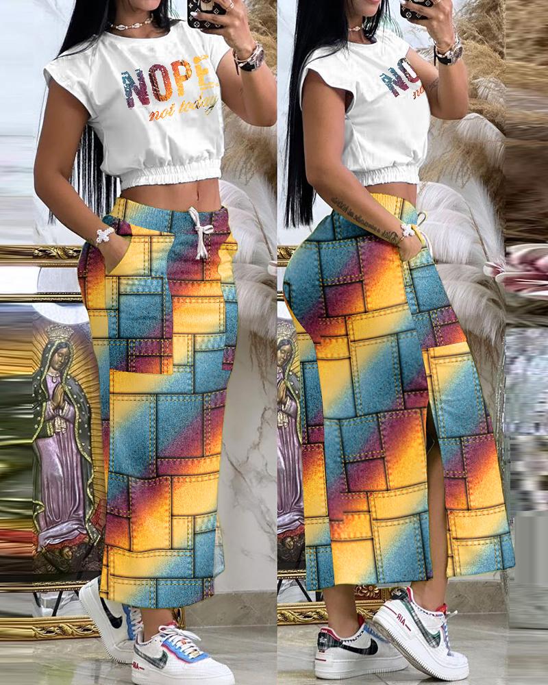 

Denim Look Print Rainbow Ombre Slogan Print Top & Skirt Set, Multicolor