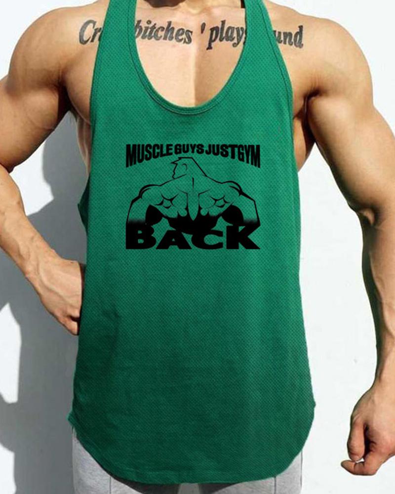 

Cartoon & Letter Print Sleeveless Sport Tank, Green