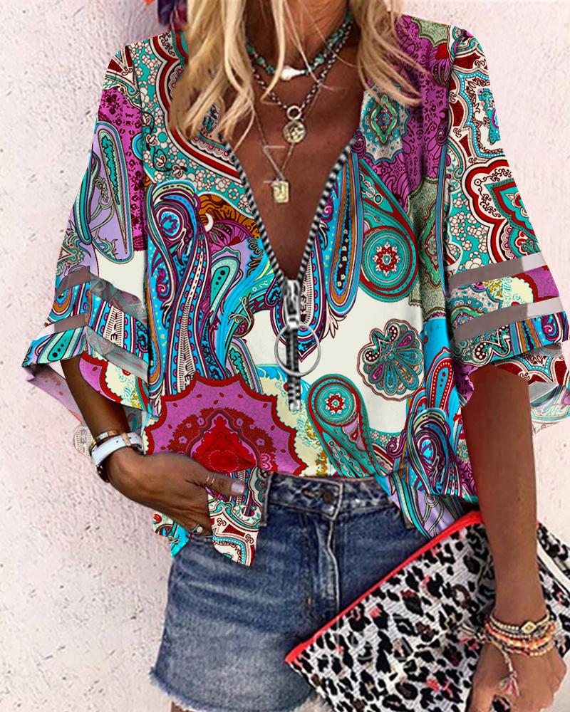

Tribal Print Contrast Mesh Bell Sleeve Top, Multicolor