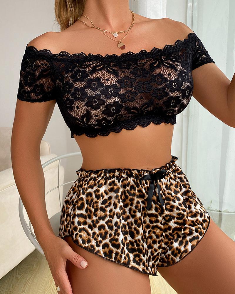 

Off Shoulder Lace Crop Top & Leopard Print Shorts PJ Set