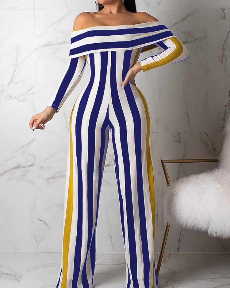 

Contrast Stripes Fold-Over Wide Leg Jumpsuit, Blue