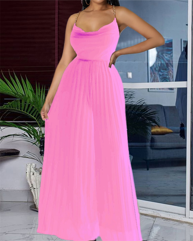 

Chain Decor Crisscross Backless Pleated Wide Leg Jumpsuit, Pink