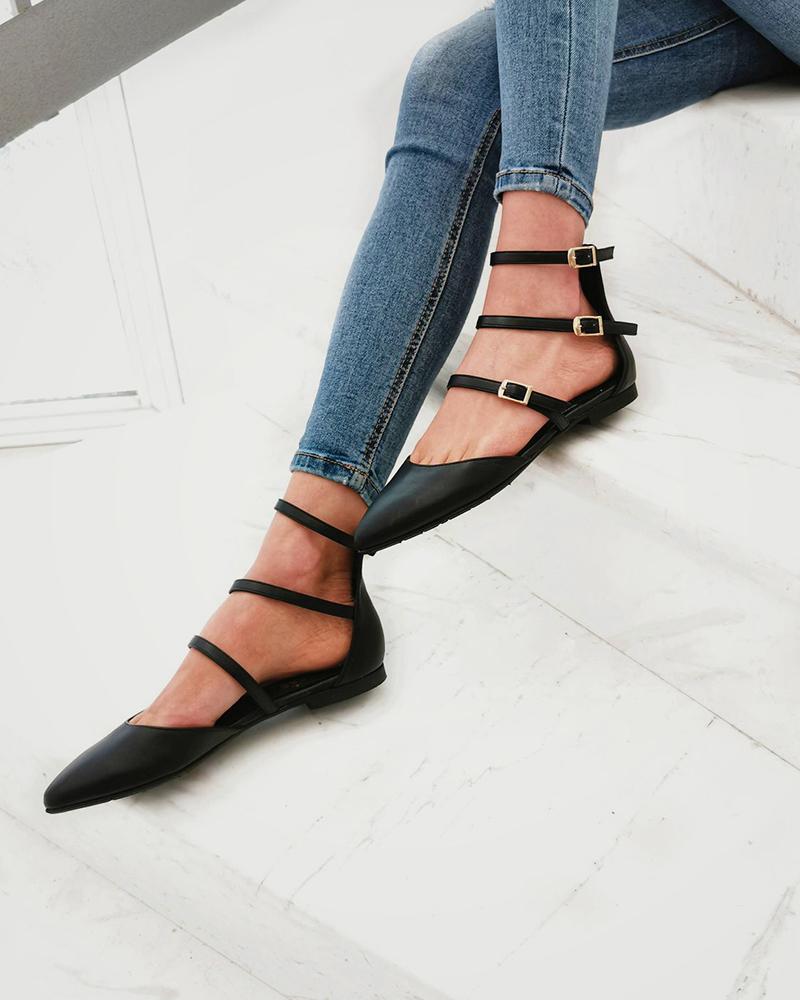 

Solid Color Strap PU Leather Flat Shoes, Black