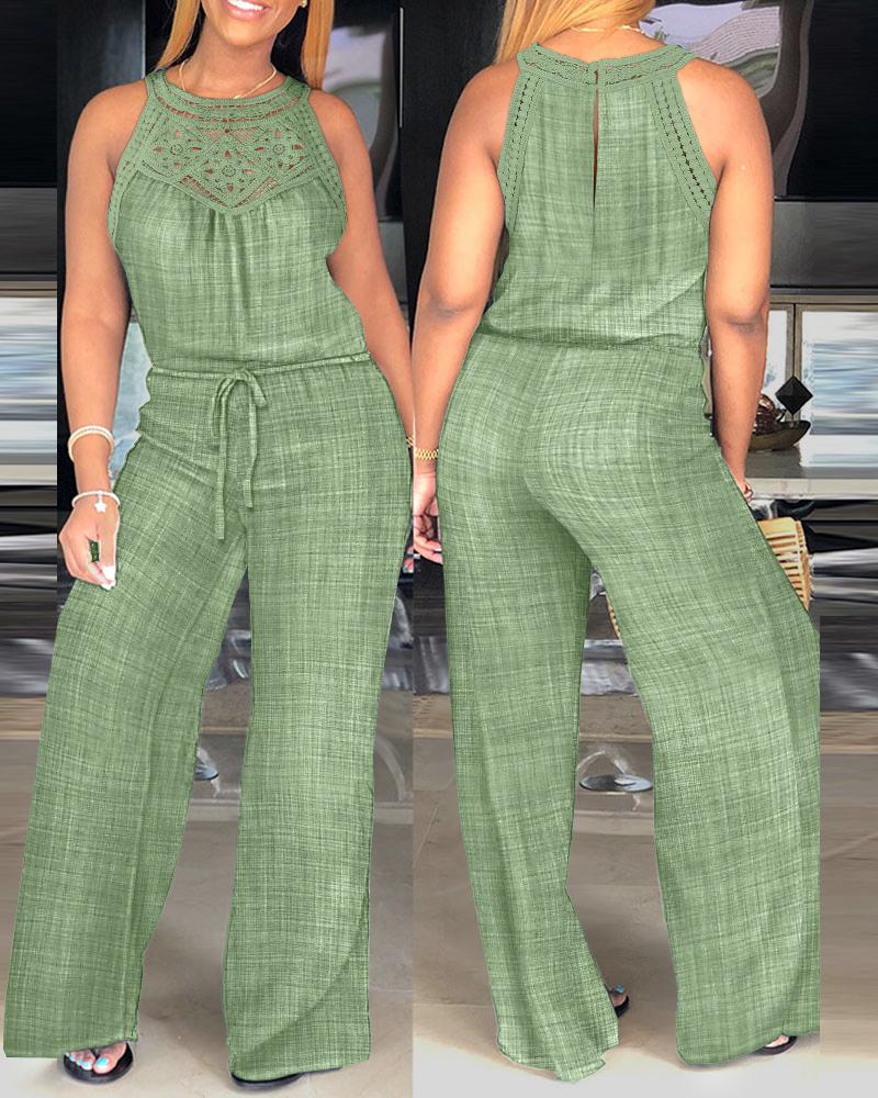 

Combinaison dos nu en dentelle ajourée avec cordon de serrage à la taille et jambes larges, Green