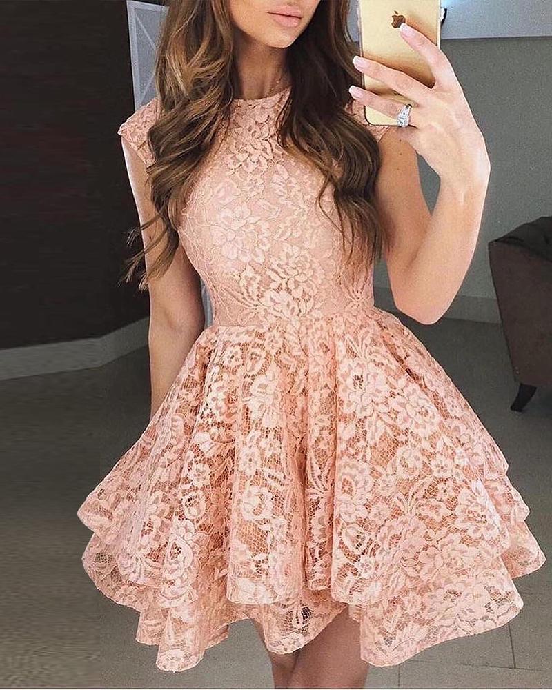 

Round Neck Layered Lace Dress, Pink